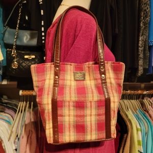 LONGABERGER HOMESTEAD ♡ Retired Red Plaid Leather Shoulder Handbag Tote 2pc Set